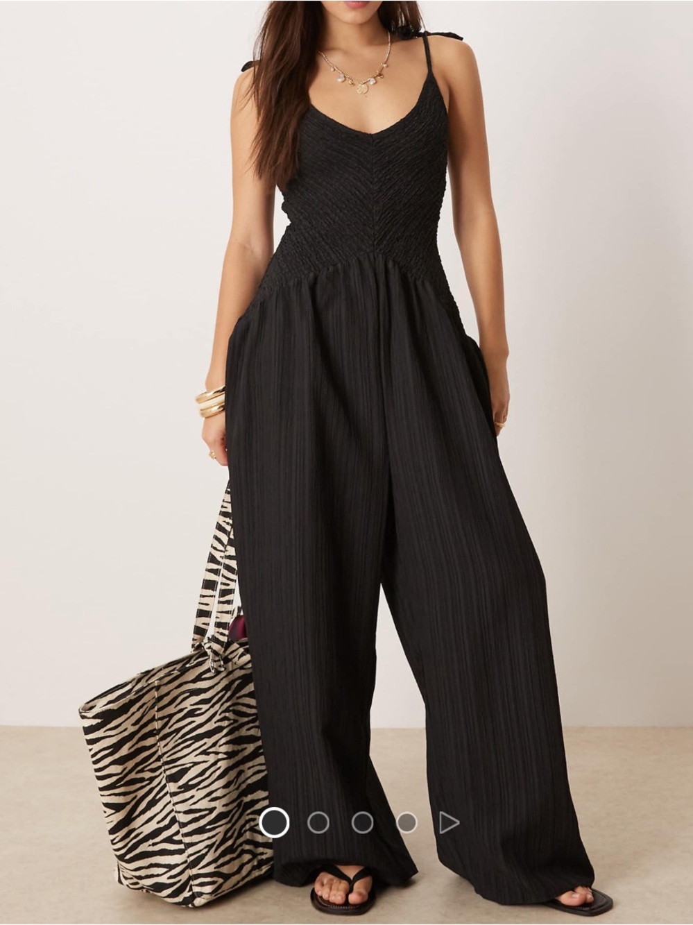 ASOS Black V-Neck Poly Crinkle Drop Waist Smocked Bodice Wide-Leg Jumpsuit